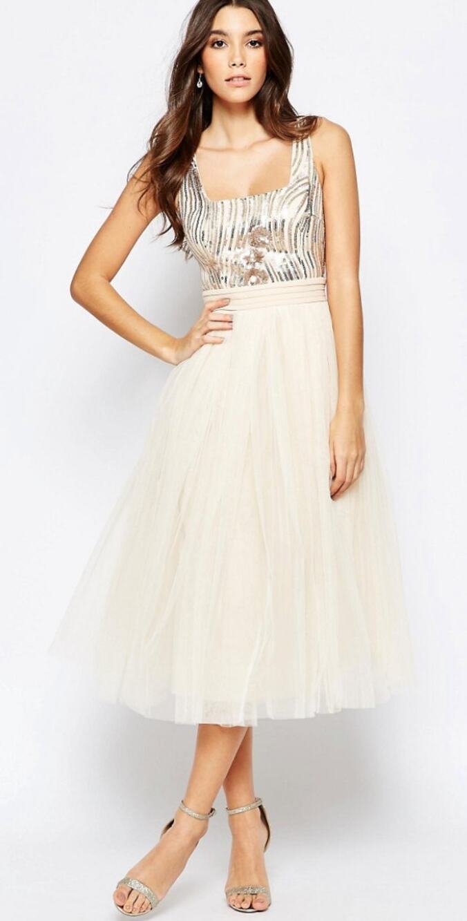 Little Mistress Sequin Midi Dress With Tulle Skirt Size 6 Cream Party Prom